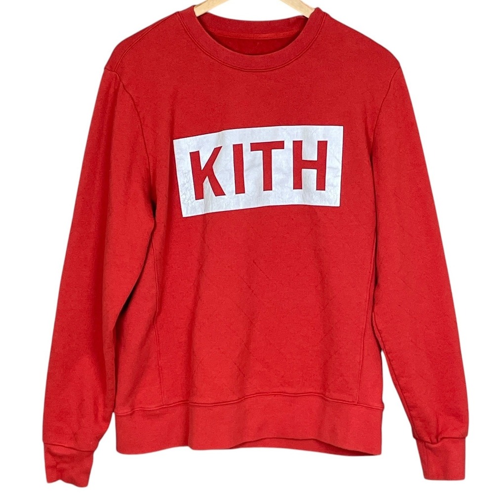 Kith Mens Quilted Red Box Logo Crewneck Sweatshirt Size L Cotton Streetwear Bold